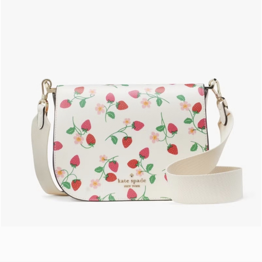 ♠️Kate Spade Madison Strawberry Vine Printed‎ Saffiano Saddle Bag, Cream NWT